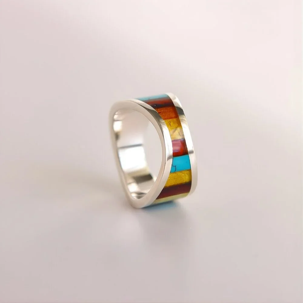 Baltic Amber and Turquoise Mosaic Ring in Sterling Silver